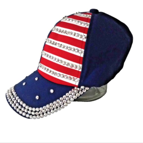 Women’s USA Patriotic Baseball Cap Hat Stars & Stripes Rhinestones Adjustable - Picture 3 of 8